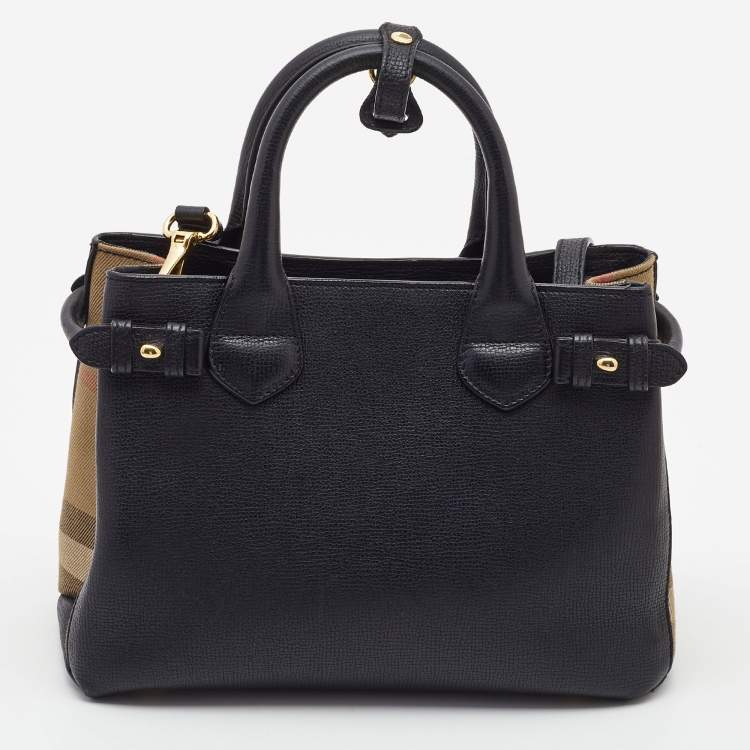 Pre Owned Burberry Black/Beige Leather and House Check Fabric Small Banner Tote