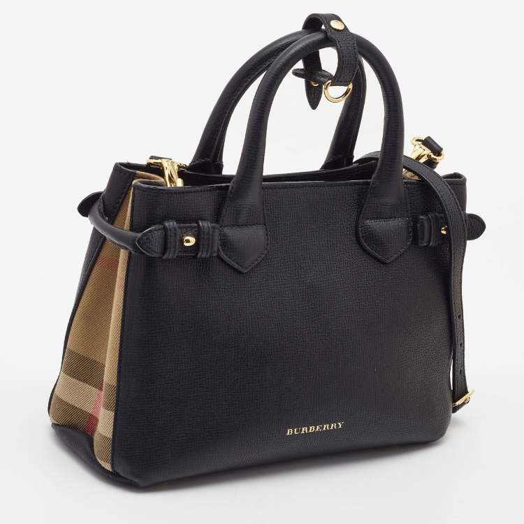 Pre Owned Burberry Black/Beige Leather and House Check Fabric Small Banner Tote