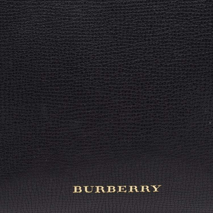 Pre Owned Burberry Black/Beige Leather and House Check Fabric Small Banner Tote