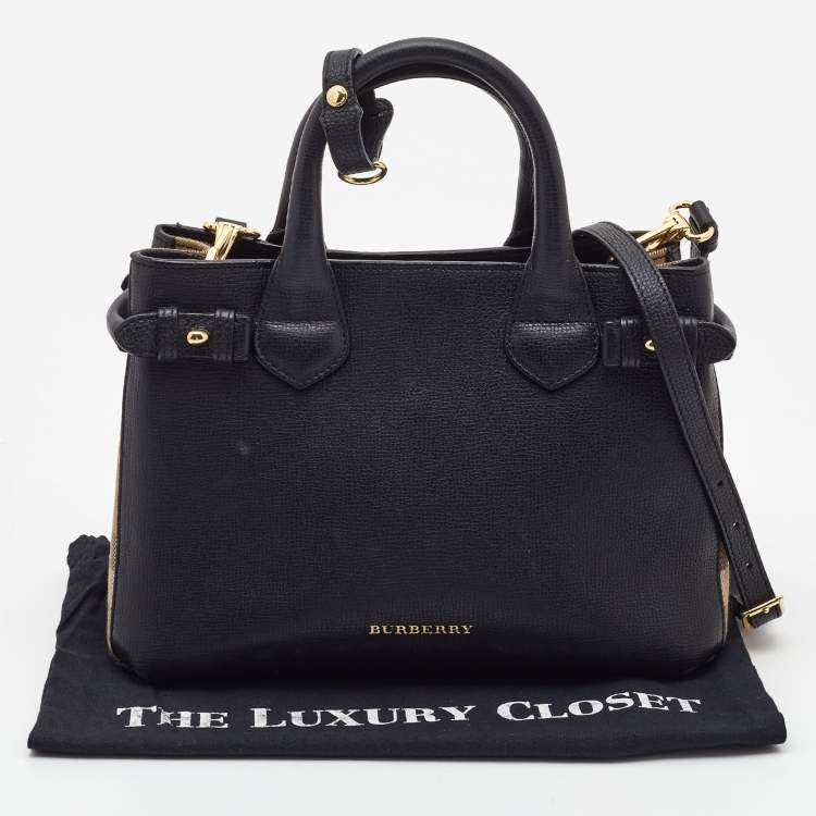 Pre Owned Burberry Black/Beige Leather and House Check Fabric Small Banner Tote