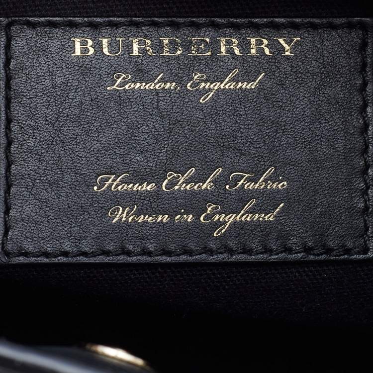 Pre Owned Burberry Black/Beige Leather and House Check Fabric Small Banner Tote