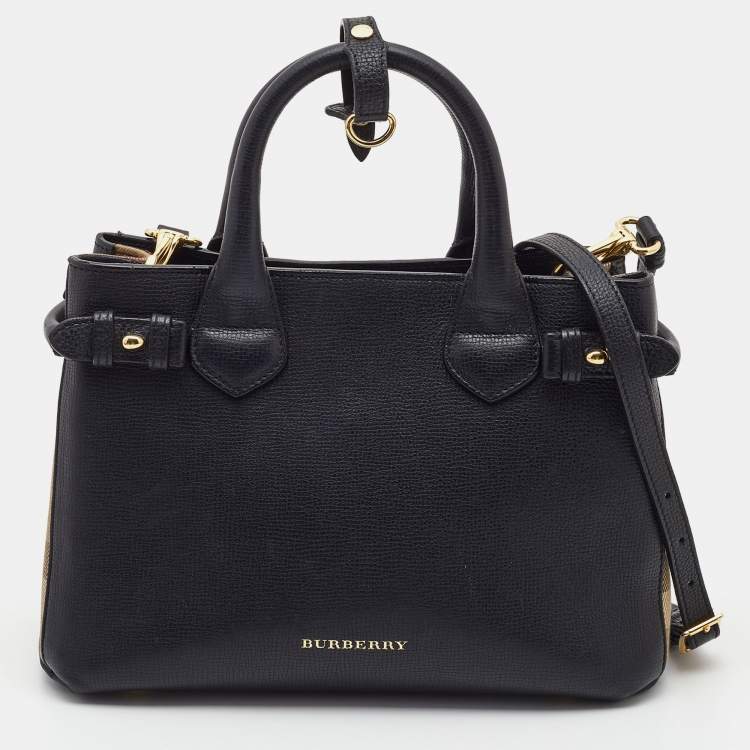 Pre Owned Burberry Black/Beige Leather and House Check Fabric Small Banner Tote