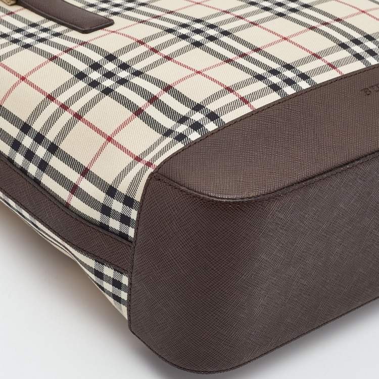 Pre Owned Burberry Beige/Brown Vintage Check Fabric and Leather Rectangle Tote