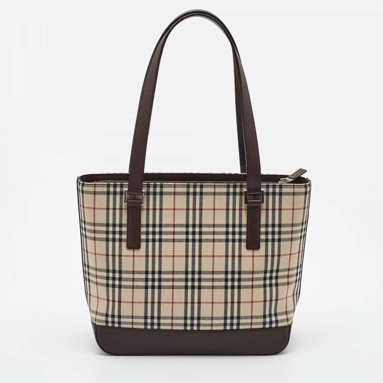 Pre Owned Burberry Beige/Brown Vintage Check Fabric and Leather Rectangle Tote