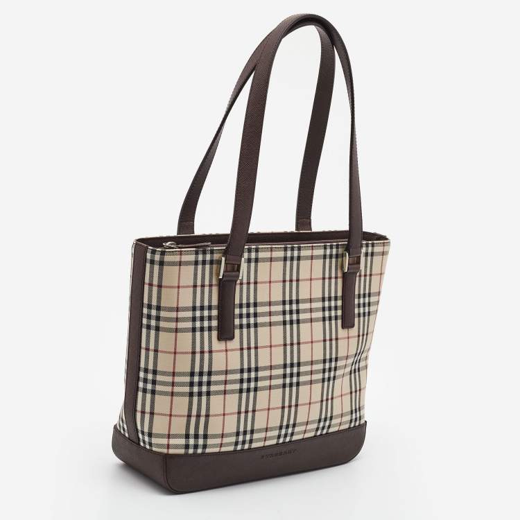 Pre Owned Burberry Beige/Brown Vintage Check Fabric and Leather Rectangle Tote