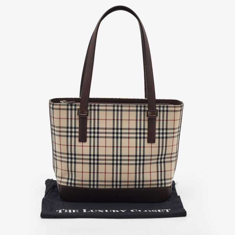 Pre Owned Burberry Beige/Brown Vintage Check Fabric and Leather Rectangle Tote