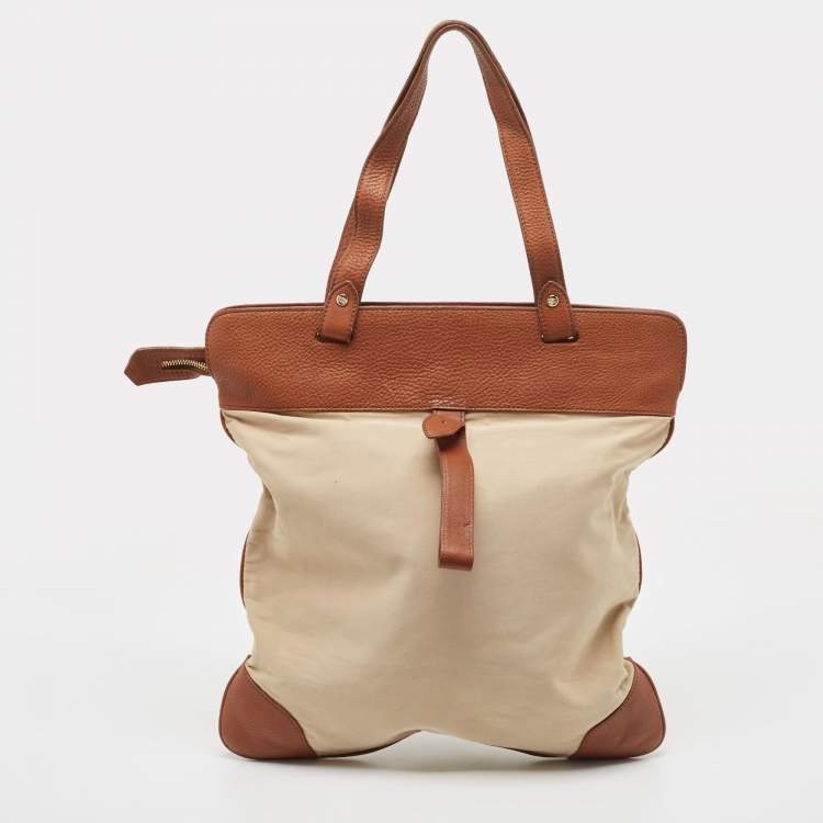 Pre Owned Burberry Beige/Brown Canvas and Leather Stowell Roll Up Tote