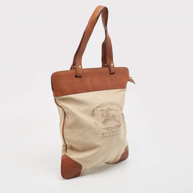 Pre Owned Burberry Beige/Brown Canvas and Leather Stowell Roll Up Tote