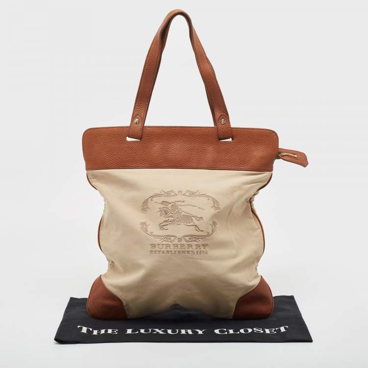 Pre Owned Burberry Beige/Brown Canvas and Leather Stowell Roll Up Tote