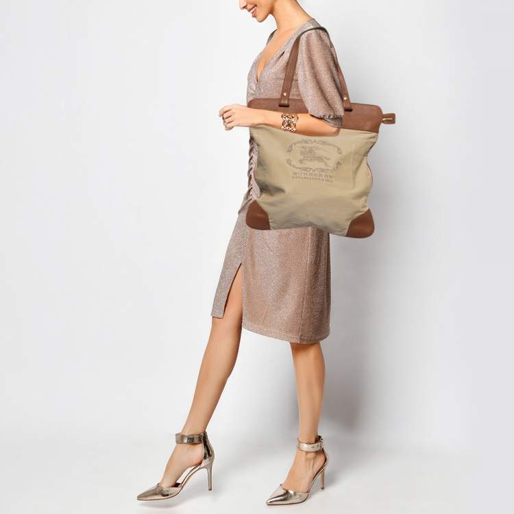 Pre Owned Burberry Beige/Brown Canvas and Leather Stowell Roll Up Tote