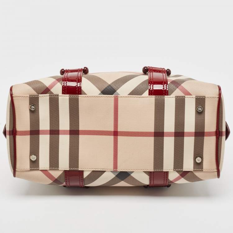 Pre Owned Burberry Burgundy/Beige Nova Check Coated Canvas and Patent Leather Buckle Satchel