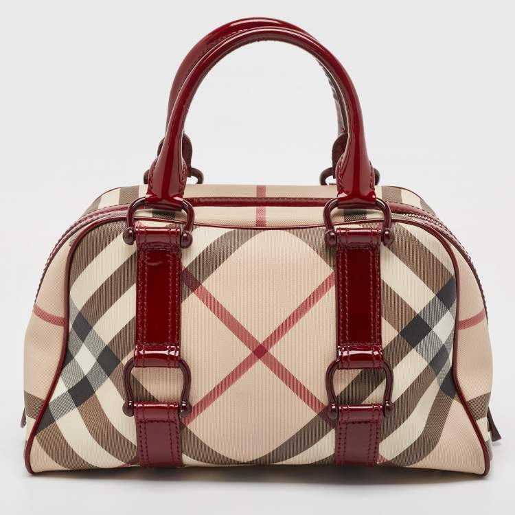 Pre Owned Burberry Burgundy/Beige Nova Check Coated Canvas and Patent Leather Buckle Satchel