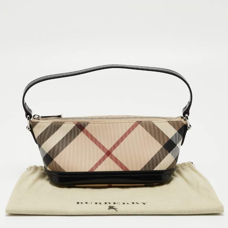 Pre Owned Burberry Black/Beige Nova Check Coated Canvas and Patent Leather Newbury Pochette Bag