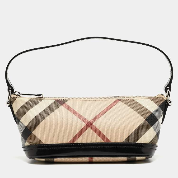 Pre Owned Burberry Black/Beige Nova Check Coated Canvas and Patent Leather Newbury Pochette Bag
