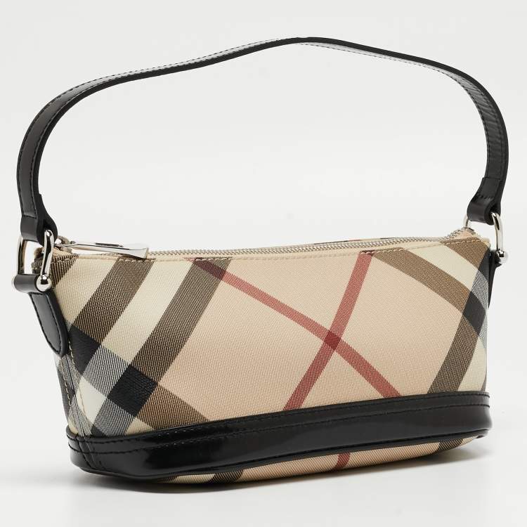 Pre Owned Burberry Black/Beige Nova Check Coated Canvas and Patent Leather Newbury Pochette Bag