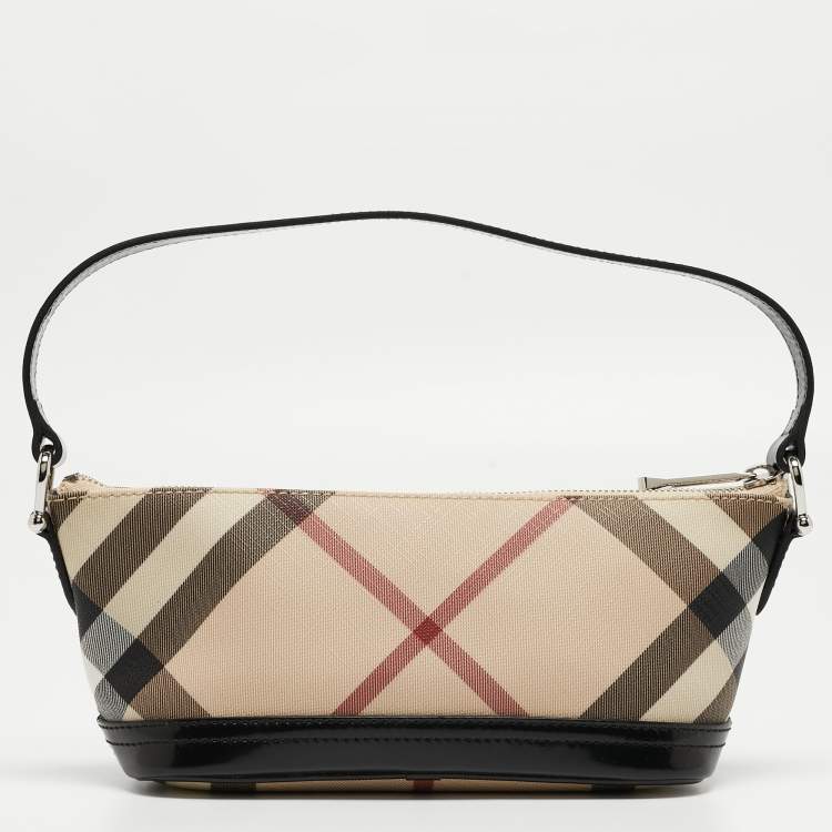 Pre Owned Burberry Black/Beige Nova Check Coated Canvas and Patent Leather Newbury Pochette Bag