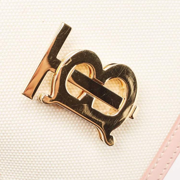 Pre Owned Burberry Cream/Pink Canvas and Leather Small TB Shoulder Bag