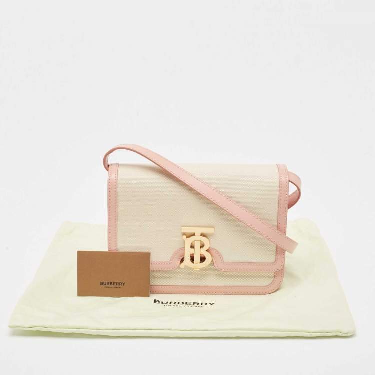 Pre Owned Burberry Cream/Pink Canvas and Leather Small TB Shoulder Bag