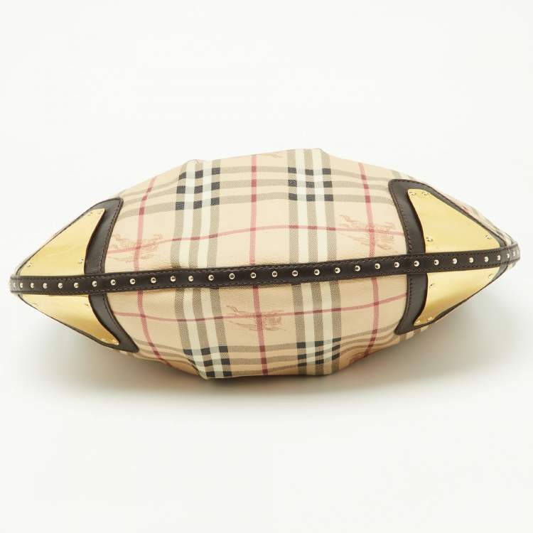 Pre Owned Burberry Dark Brown/Beige House Check PVC and Leather Studded Hartley Hobo