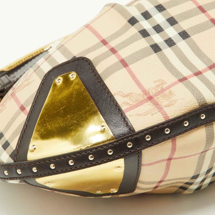 Pre Owned Burberry Dark Brown/Beige House Check PVC and Leather Studded Hartley Hobo