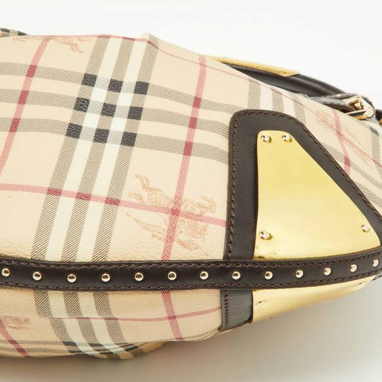 Pre Owned Burberry Dark Brown/Beige House Check PVC and Leather Studded Hartley Hobo