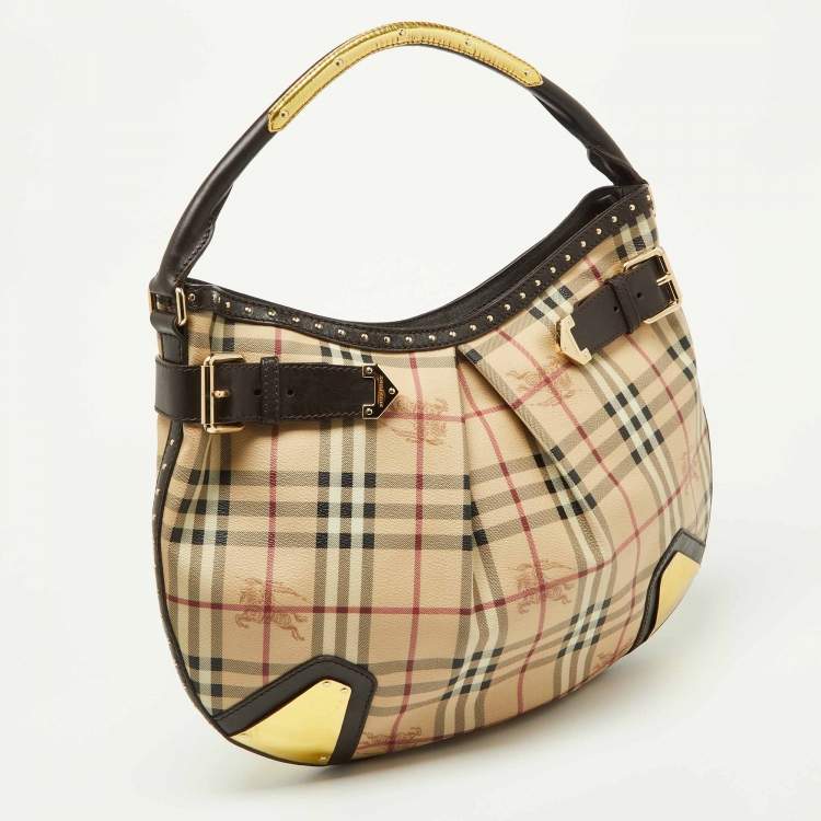 Pre Owned Burberry Dark Brown/Beige House Check PVC and Leather Studded Hartley Hobo