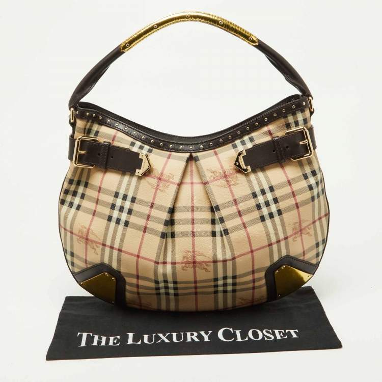 Pre Owned Burberry Dark Brown/Beige House Check PVC and Leather Studded Hartley Hobo