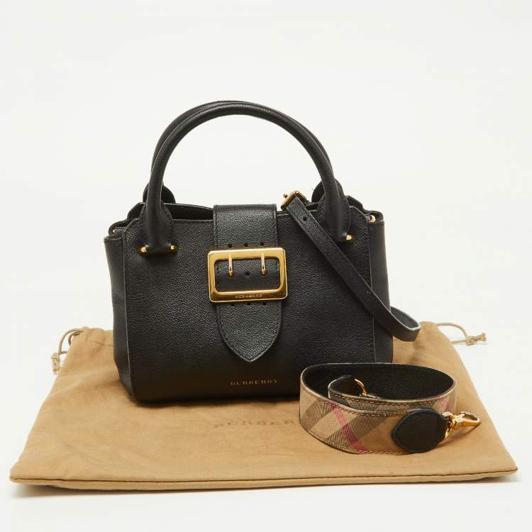 Pre Owned Burberry Black Grained Leather Small Buckle Tote