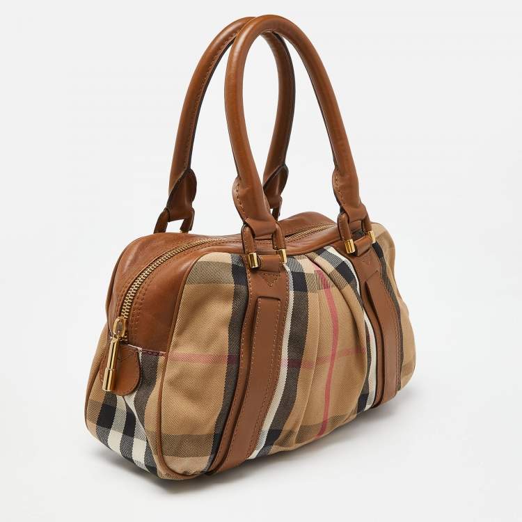 Pre Owned Burberry Brown/Beige House Check Canvas and Leather Ashbury Knight Bag
