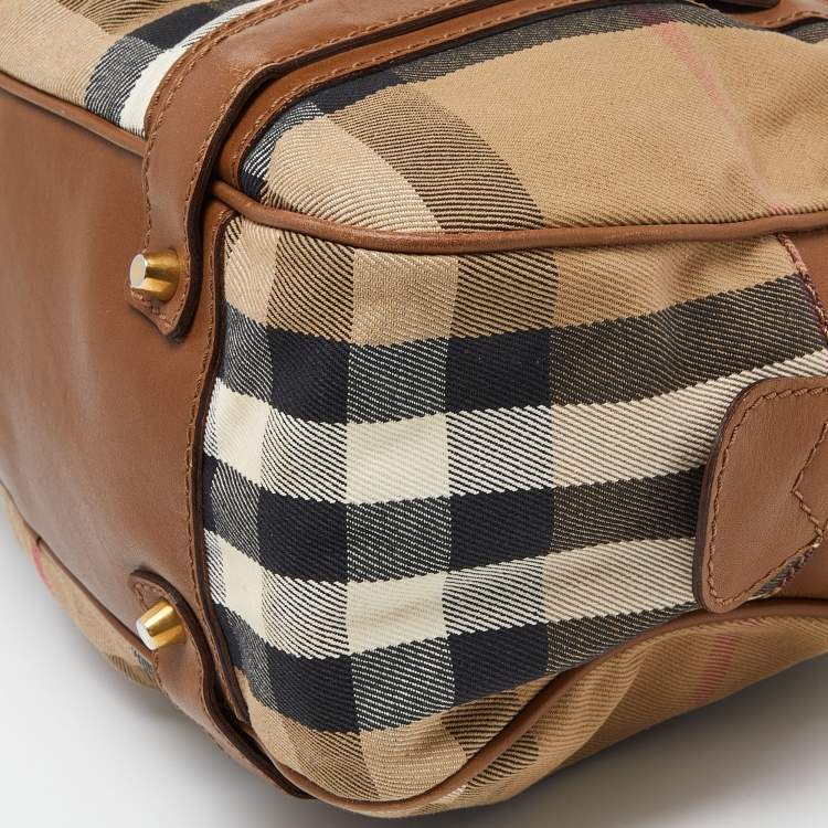 Pre Owned Burberry Brown/Beige House Check Canvas and Leather Ashbury Knight Bag