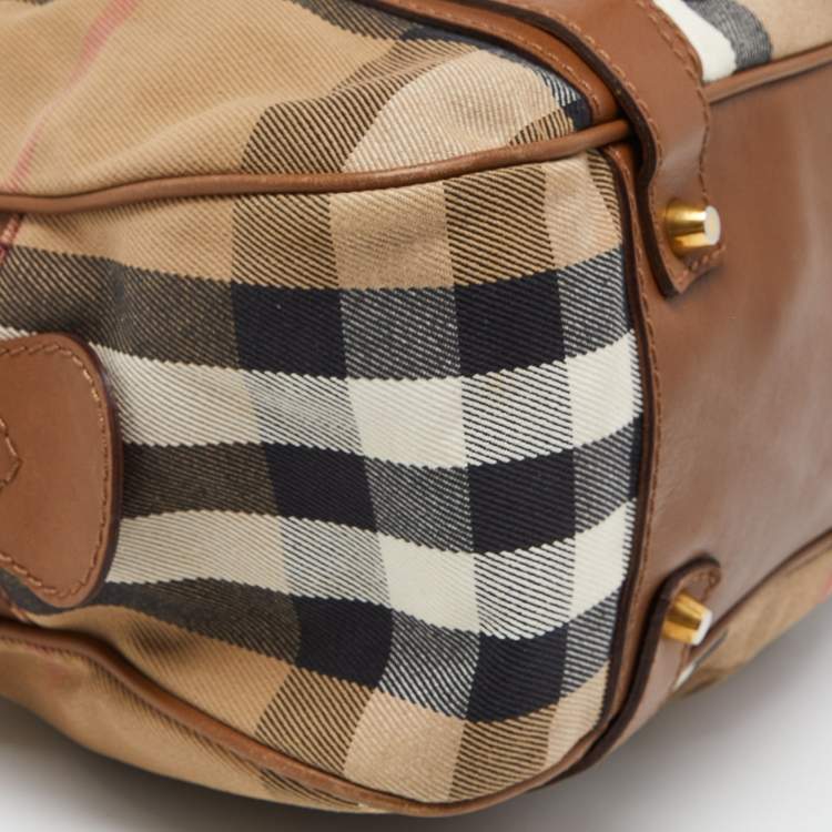 Pre Owned Burberry Brown/Beige House Check Canvas and Leather Ashbury Knight Bag