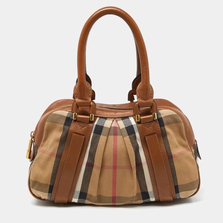 Pre Owned Burberry Brown/Beige House Check Canvas and Leather Ashbury Knight Bag