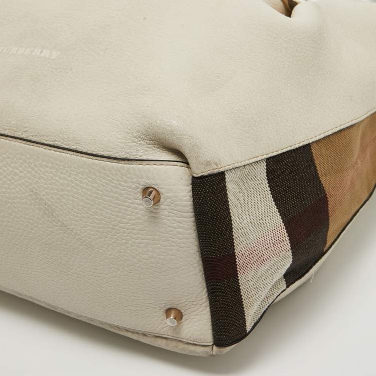 Pre Owned Burberry Off White Leather and House Check Canvas Maidstone Tote