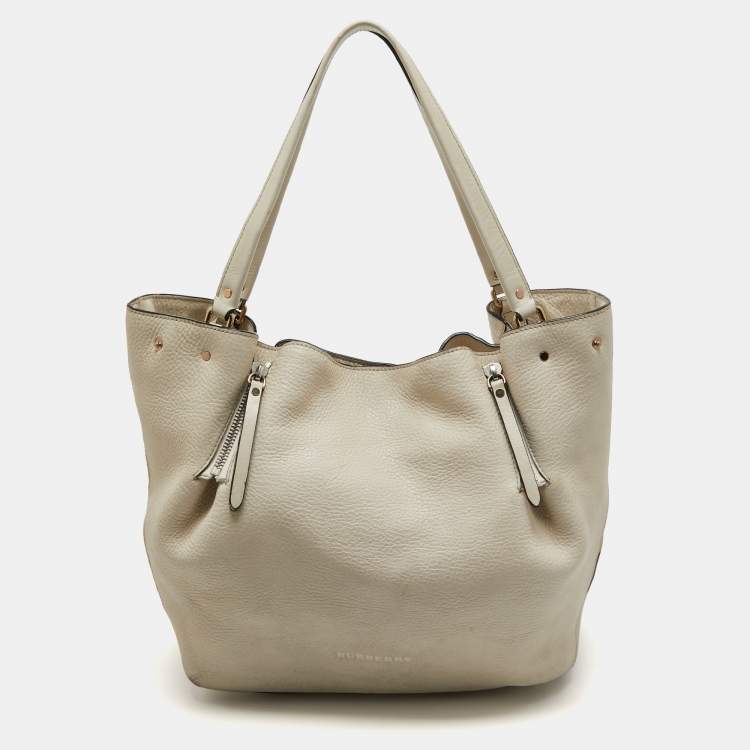 Pre Owned Burberry Off White Leather and House Check Canvas Maidstone Tote