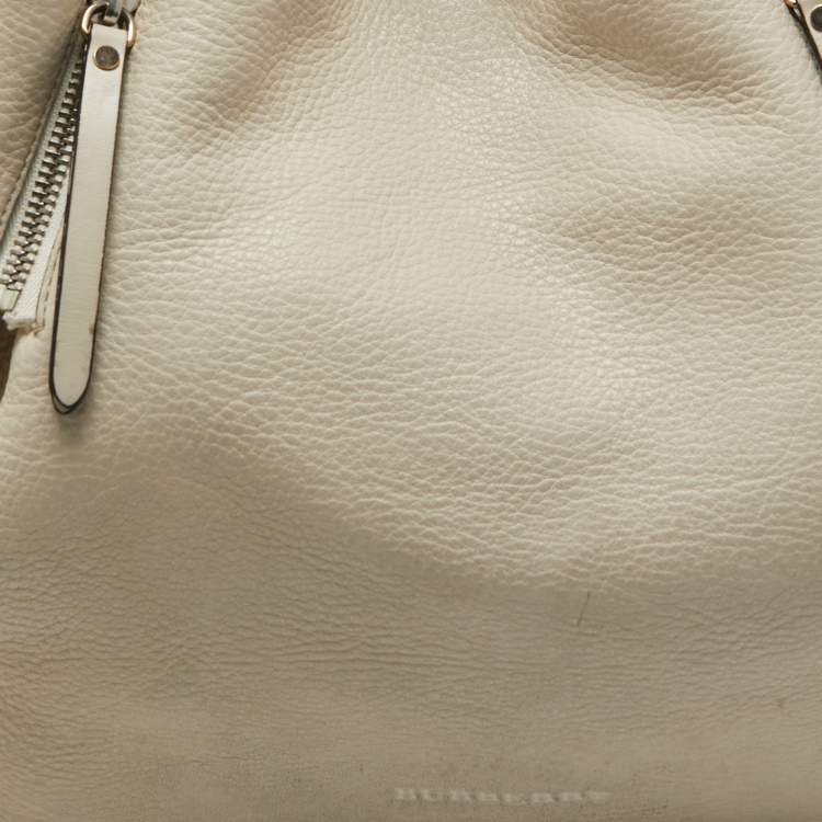 Pre Owned Burberry Off White Leather and House Check Canvas Maidstone Tote