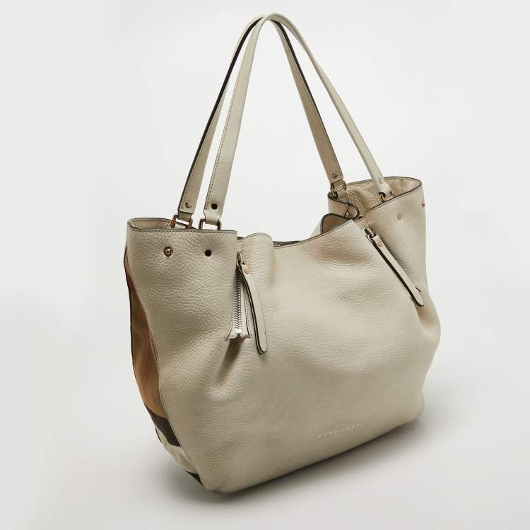 Pre Owned Burberry Off White Leather and House Check Canvas Maidstone Tote