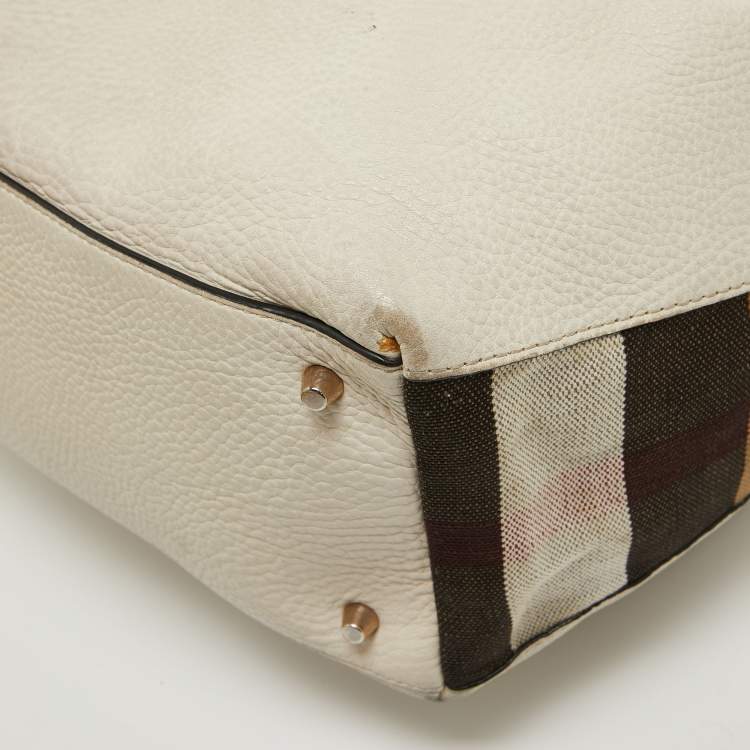 Pre Owned Burberry Off White Leather and House Check Canvas Maidstone Tote