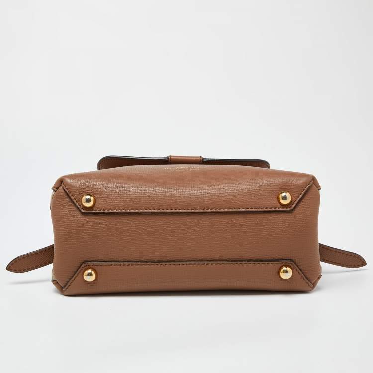Pre Owned Burberry Brown Leather House Check Canvas Camberley Top Handle Bag
