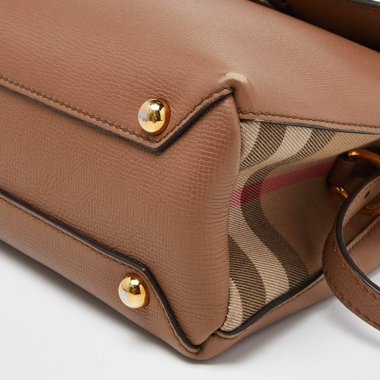 Pre Owned Burberry Brown Leather House Check Canvas Camberley Top Handle Bag