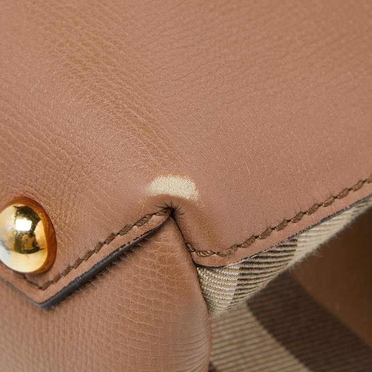 Pre Owned Burberry Brown Leather House Check Canvas Camberley Top Handle Bag