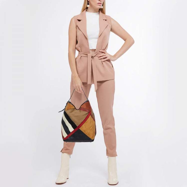 Pre Owned Burberry Multicolor House Canvas and Leather Patchwork Ashby Bucket Bag