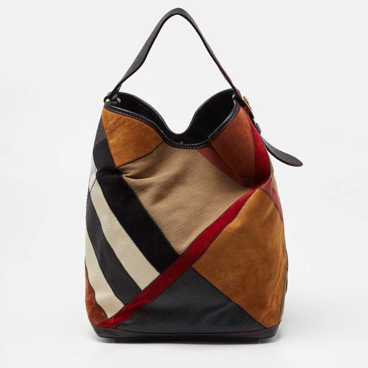 Pre Owned Burberry Multicolor House Canvas and Leather Patchwork Ashby Bucket Bag