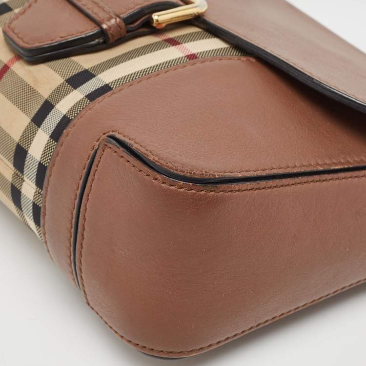 Pre Owned Burberry Brown/Beige Haymarket Check Canvas and Leather Small Dickens Crossbody Bag