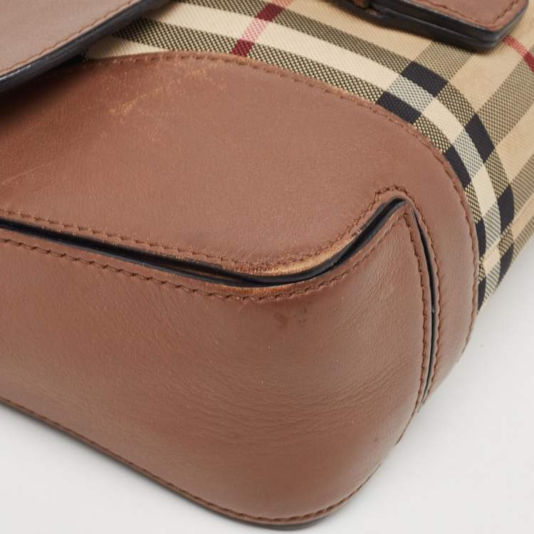 Pre Owned Burberry Brown/Beige Haymarket Check Canvas and Leather Small Dickens Crossbody Bag