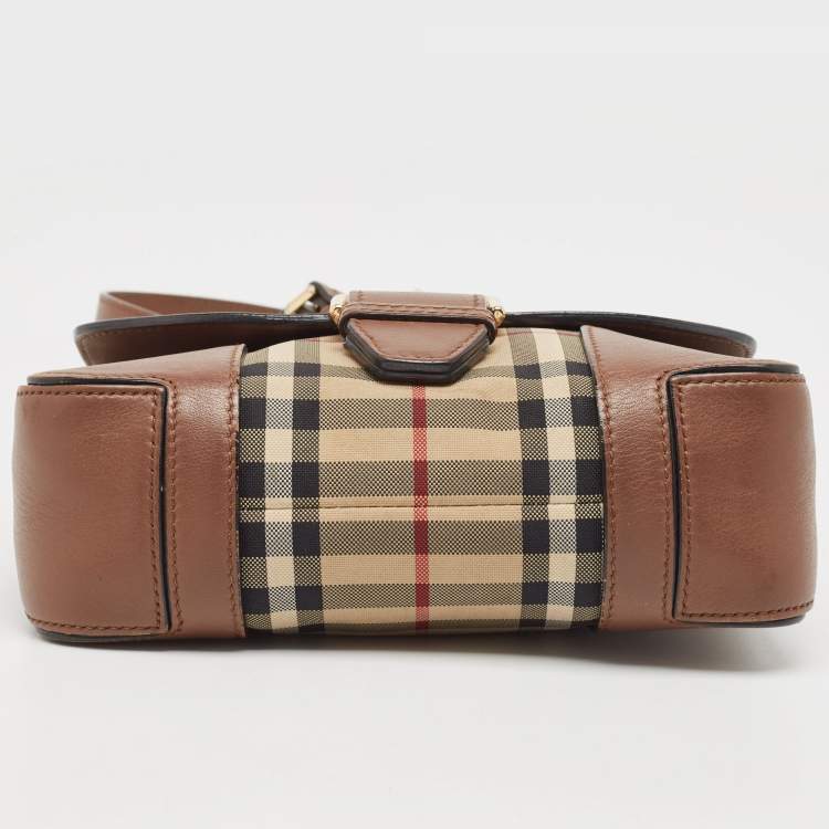 Pre Owned Burberry Brown/Beige Haymarket Check Canvas and Leather Small Dickens Crossbody Bag