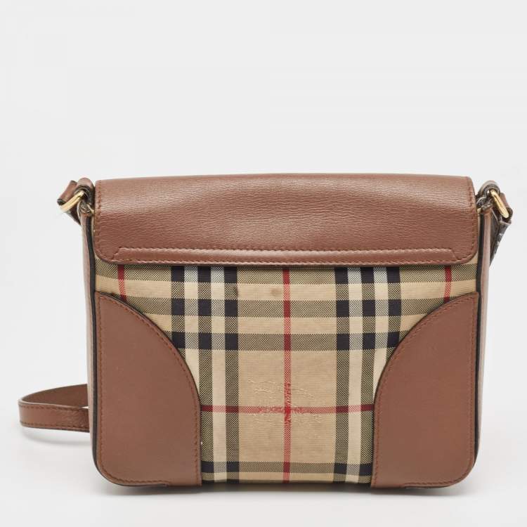 Pre Owned Burberry Brown/Beige Haymarket Check Canvas and Leather Small Dickens Crossbody Bag