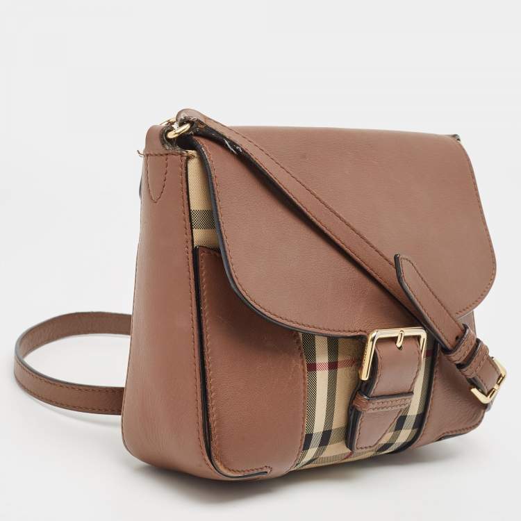 Pre Owned Burberry Brown/Beige Haymarket Check Canvas and Leather Small Dickens Crossbody Bag