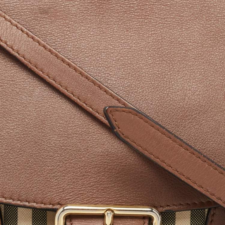 Pre Owned Burberry Brown/Beige Haymarket Check Canvas and Leather Small Dickens Crossbody Bag