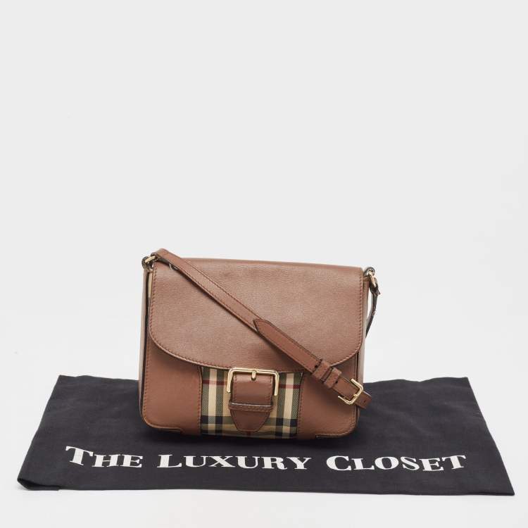 Pre Owned Burberry Brown/Beige Haymarket Check Canvas and Leather Small Dickens Crossbody Bag