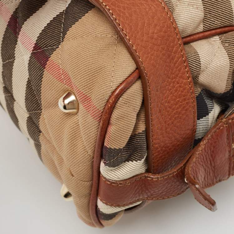 Pre Owned Burberry Brown/Beige Quilted House Check Canvas and Leather Buckle Satchel